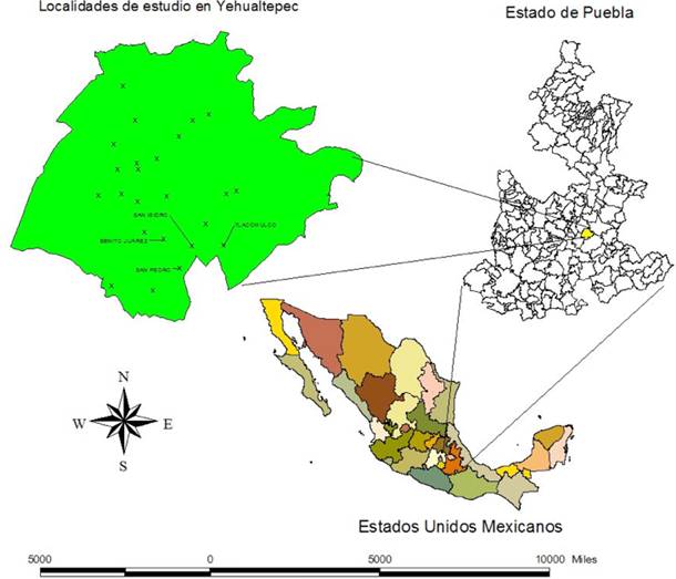 
						Localidades de estudio en el contexto del estado de Puebla y la República
							Mexicana.
					