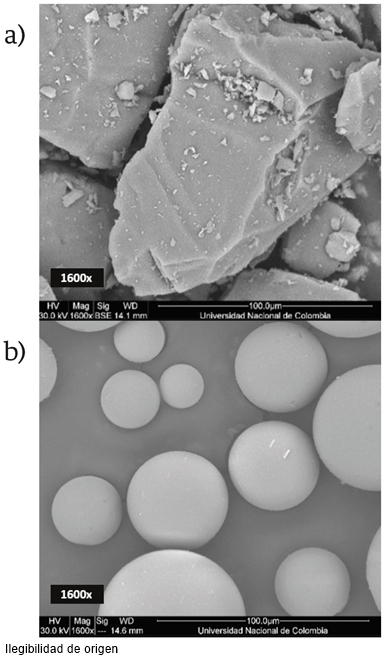 
							Micrografías a 1600x de las partículas para microarenado en a) y perlas para el microgranallado b).
						