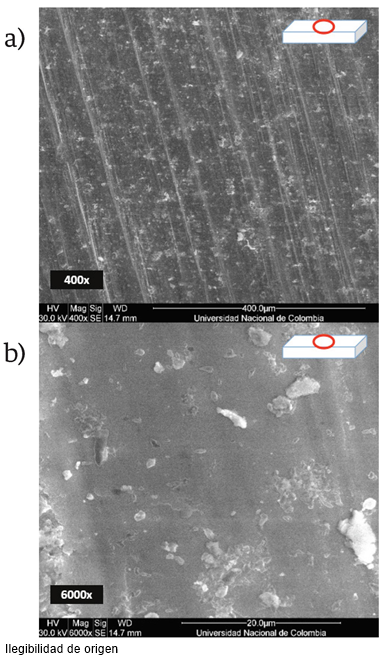 
							Micrografías de una muestra del grupo “F” en su superficie 400 y 6000x, en a) y b) respectivamente.
						