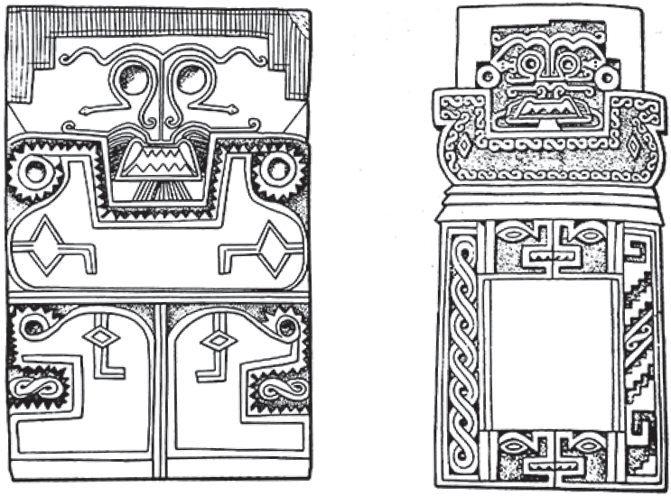 
						Las dos lápidas de Placeres del Oro, dibujos retomados de Reyna Robles, "Esculturas, estelas y lápidas de la región del Balsas" (vid supra n. 13), fig. 2.
					