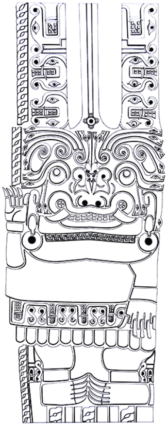 
						Lanzón de Chavín. Dibujo retomado de Richard L. Burger, Chavín and the Origins of Andean Civilization (Londres: Thames and Hudson, 1992), fig. 140.
					