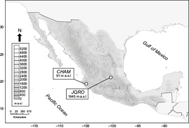 
							Relief map depicting the orography of Mexico and the geographical location of the RUOA observatories chosen as sampling locations for this study.
						