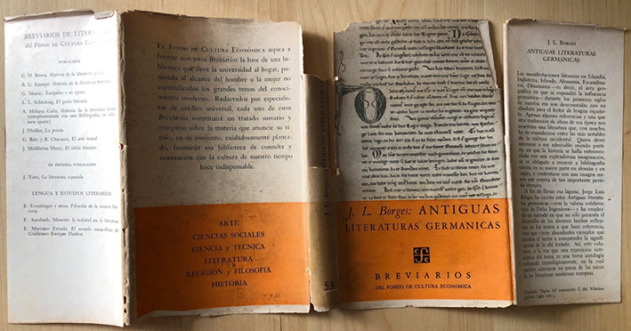 
						Sobrecubierta de Antiguas literaturas germánicas (1951), escrito por Jorge Luis Borges con la colaboración de Delia Ingenieros.
					