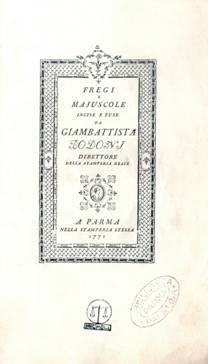 
						Imagen 3. Fregi e majuscole incise e fuse da Giambattista
								Bodoni (Parma: Stamperia Reale, 1771). Biblioteca Palatina
							de Parma.
					