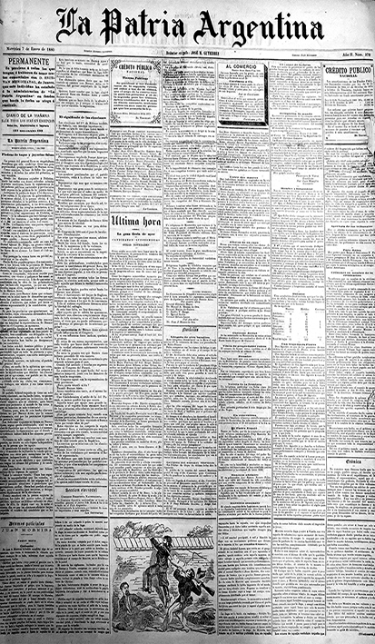 
							Imagen 10. Primera página de La Patria
									Argentina, 7 de enero de 1880. Folletín ilustrado:
									Juan Moreira.
						