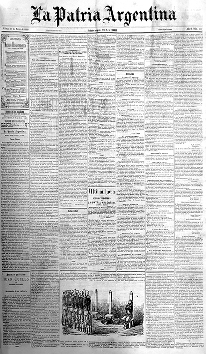 
							Imagen 11. Primera página de La Patria
								Argentina, 19 de marzo de 1880. Folletín ilustrado:
									Juan Cuello.
						