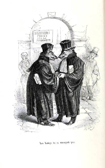 
						Grandville, “Les Loups ne se mangent pas”, en Cent
									proverbes (H. Fournier Éditeur, 1845). Tomada de
								https://archive.org/details/centproverbespar00gran/page/n211/mode/1up.
					