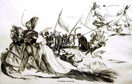 
						“Sainete político”, 1845. Col. Rafael Barajas. Litografía
							suelta.
					