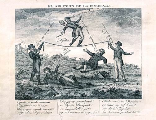 
						“El arlequín de la Europa”, ca. 1813. Col.
								Rafael Barajas. Estampa antinapoleónica española, grabado en
								metal.
					