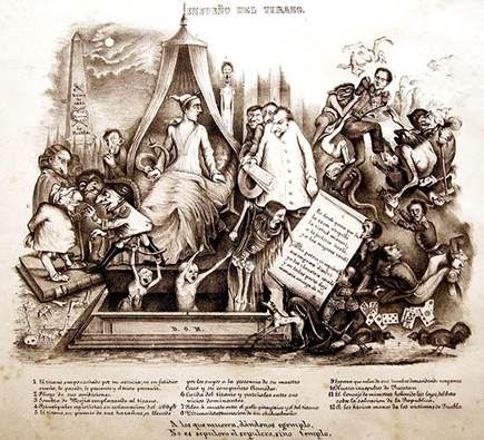 
						“Ensueño del tirano”, 1845. Col. Rafael Barajas. Litografía
							suelta.
					