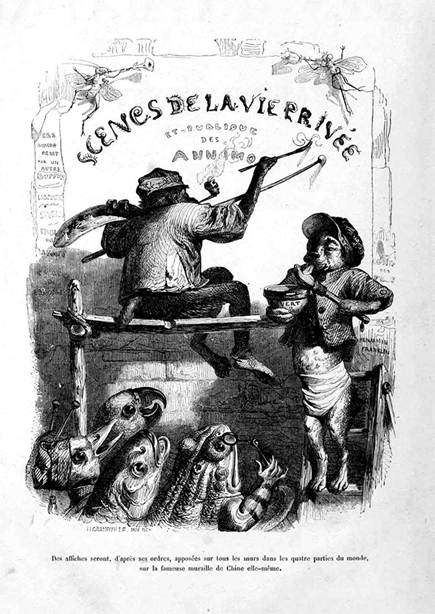 
						Grandville, "Scénes de la vie privée et publique des animaux"
								(París : J. Hetzel Éditeur, 1842). Portadilla litográfica. Tomada de
								https://archive.org/details/AE120/page/n6/mode/thumbs.
					