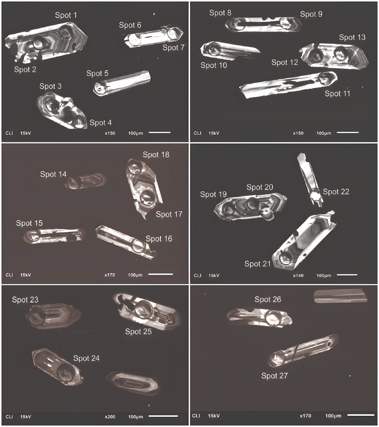 
						Cathodoluminescence images of ablated representative zircon grains
							from the tuff sample collected at Cerro El Divisadero.
					