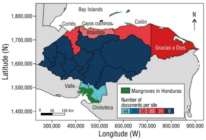 
							Geographic distribution of research studies of Honduran mangroves
								associated at the locality level.
						