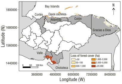 
							Historical loss of the forest cover of Honduran mangroves by
								locality. Together, the localities of Valle and Choluteca are
								considered the Gulf of Fonseca.
						