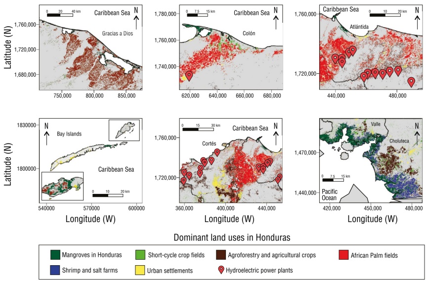 
							Dominant land uses that have affected mangrove areas on the
								Pacific coast of Honduras (PCH) and the Atlantic coast of Honduras
								(ACH) in 2024.
						
