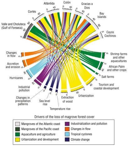 
							Chord dependency diagram among the groups and subgroups of
								drivers of mangrove deforestation in Honduras. The scale shows the
								number of studies that indicate the interaction between the driver
								and the location.
						