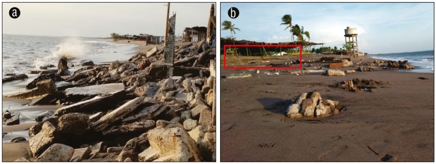 
								Impact of sea level rise on the coastal infrastructure of
									Cedeño, Pacific coast of Honduras (PCH). Submerged
									infrastructure due to sea level rise (a) and
									coastal erosion labeled in red and local businesses destroyed by
									sea level rise (b).
							