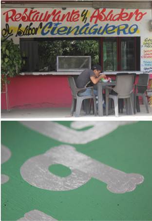 
						Arriba: letra pechichona, del pintor Mario Fajardo, de Santa Marta, Colombia. Es una letra con curvas y formas redondas y cerradas: “yo nunca había pensado en ponerle nombre a las letras que pinto, pero ésta podría llamarse ‘pechichona’, porque es cariñosa y como pegajosa” (entrevista con Mario Fajardo, Santa Marta, noviembre de 2019). Abajo: letra poma, del pintor Santiago Bueno, de Buenaventura, Colombia, quien se inspira en la región del Pacífico, lugar que, en sus palabras: “me da la inspiración para pintar, con sólo abrir los ojos y observar alrededor, porque uno pinta según lo que uno vea donde vive” (entrevista con Santiago Bueno, Buenaventura, noviembre de 2019). Santa Marta y Buenaventura, Colombia, 2018-2019.
					