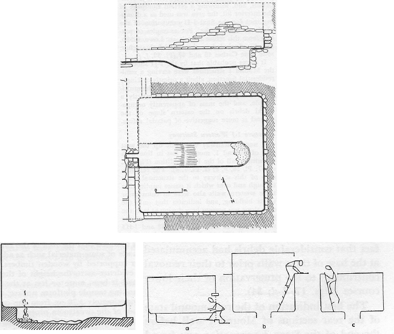 
						Plano, sección e hipótesis sobre forma de uso y acceso del baño de vapor del Montículo 1 de Chiapa de Corzo (según Lowe y Agrinier, 1960: 35).
					