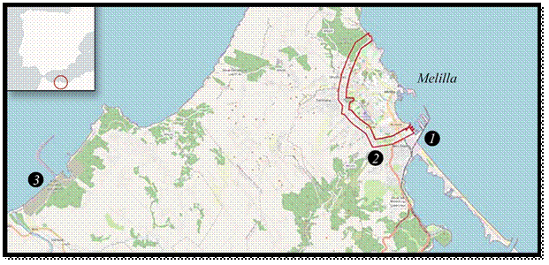 
								Map of Melilla and nearby ports of the province of Nador
							