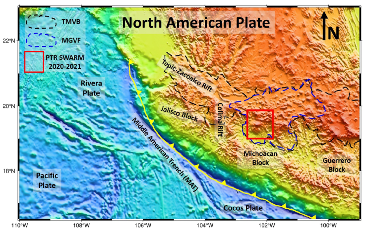 
						Tectonic map. MAT, Middle American Trench; TMVB, Trans-Mexican Volcanic Belt (black dashed line), MGVF Michoacán-Guanajuato volcanic field (blue dashed line).
					