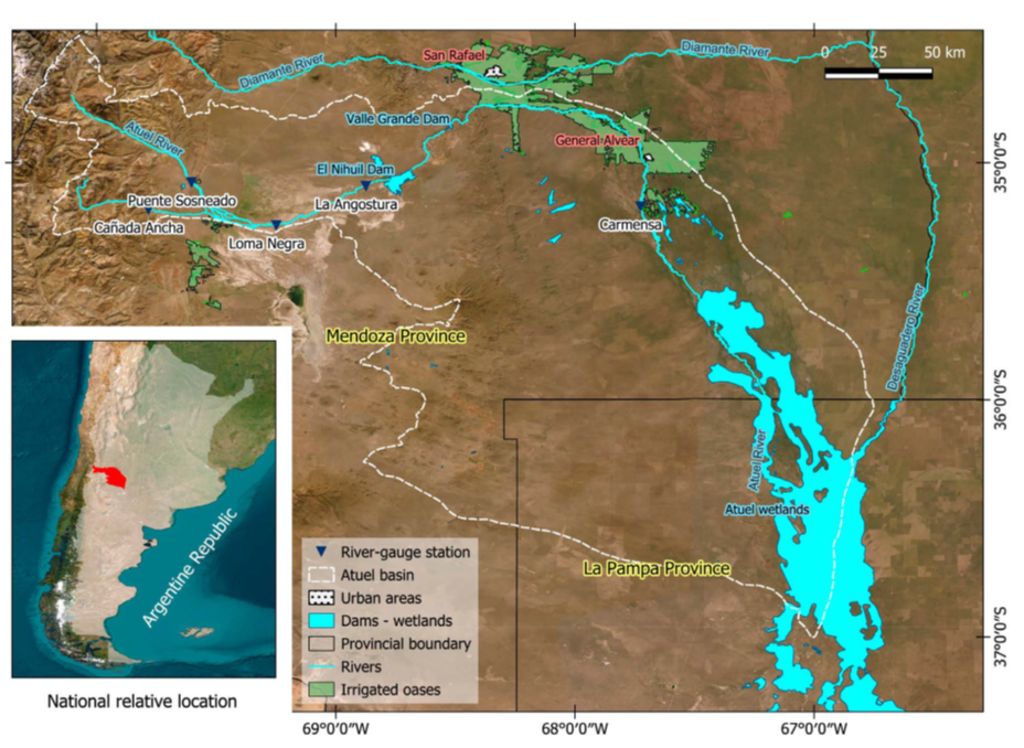 
						Hydrometric stations and hydrography. Atuel river basin.
					