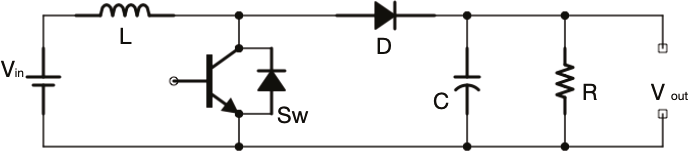 
							Esquema del circuito convertidor elevador Boost CD/CD, en estado encendido
						