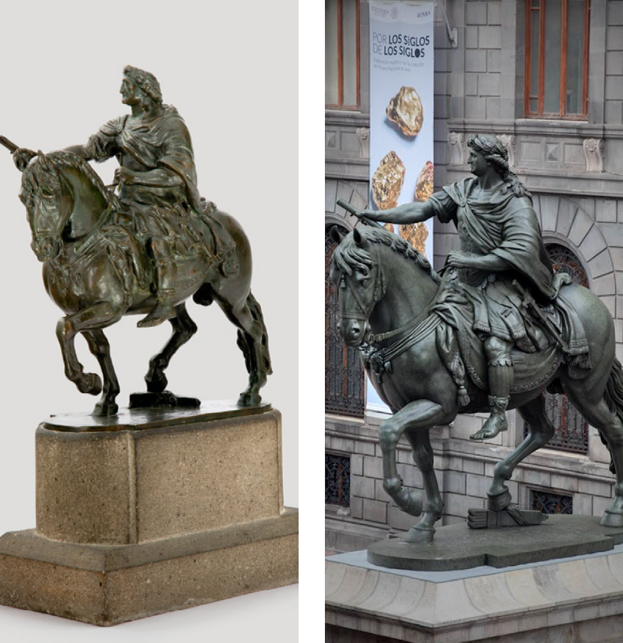 
							Left, Model for the equestrian statue of Charles IV, ca. 1789-1798. Private collection exhibited at the Museo Nacional de Arte (Munal, National Museum of Art). . Right El Caballito in June 2017, as seen, its image is faithful to the project. Neither piece includes any eagle, although the quiver does .
						