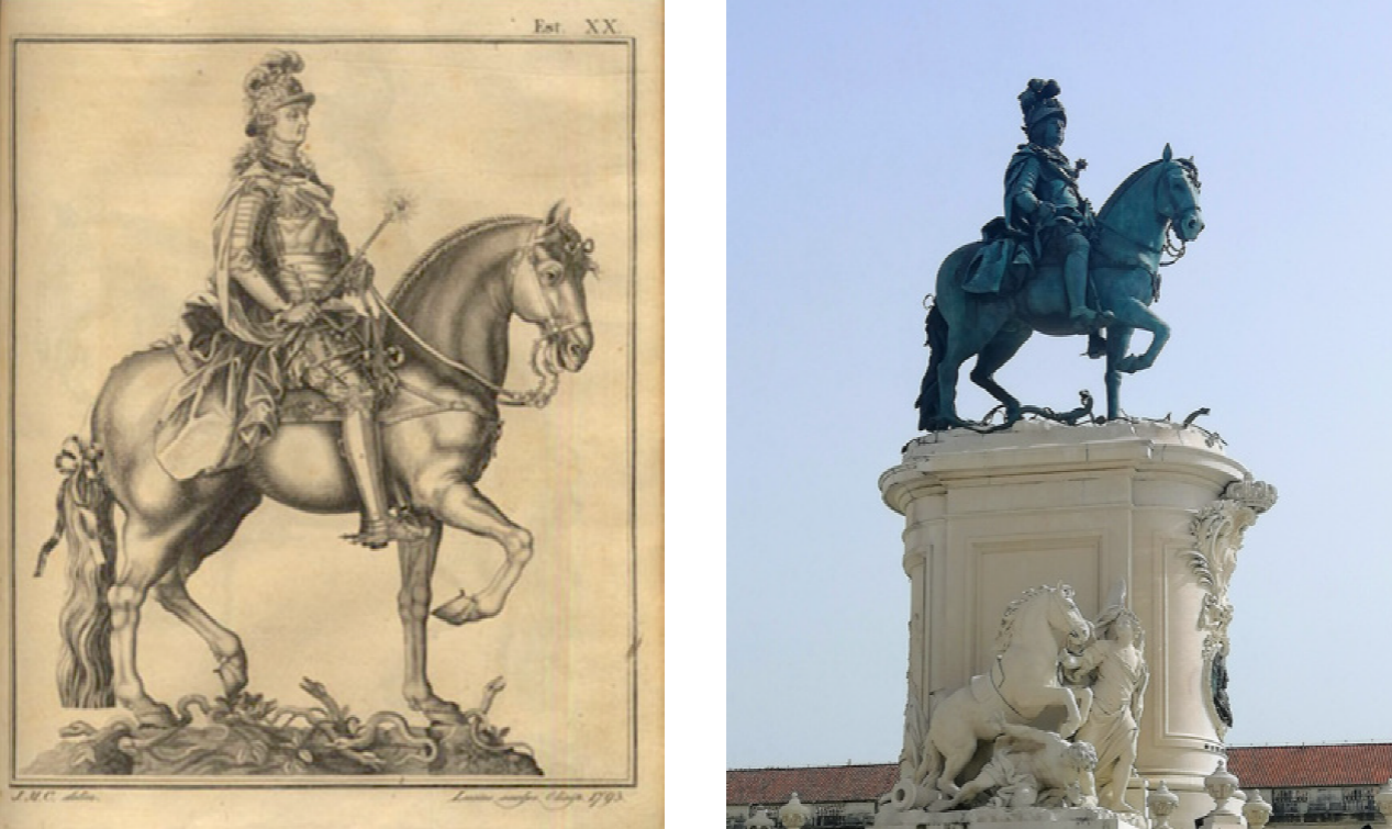 
							Left. Design for the equestrian statue of José I by Joaquim Machado de Castro. Right. The sculpture in the Commerce Square, Lisbon.
						