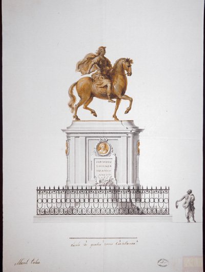 
							Design of the equestrian statue and monument to Carlos IV, projected for the main square of Mexico, sent to the king for his approval. In the original project the lateral ornaments were to bear portraits of the royal family, but instead the king approved the placement of representations of the four parts of the world.
						