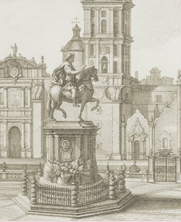 
							Detail of the view of the Plaza de México Newly Adorned for the Equestrian Statue of Our August Reigning Monarch Charles IV by Fabregat y, Ximeno y Planes. The downed eagle is not seen, although neither is the quiver..
						