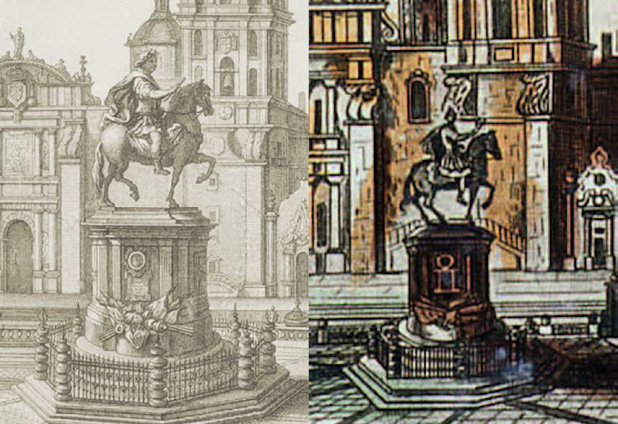 
							Left. Detail of the view of the Plaza Mayor de México . Right. Detail of the view of the Great Place of Mexico ca. 1800 . In neither case does the quiver appear, but neither does the eagle: they were non-important elements for the representation of the sculptur. 
						
