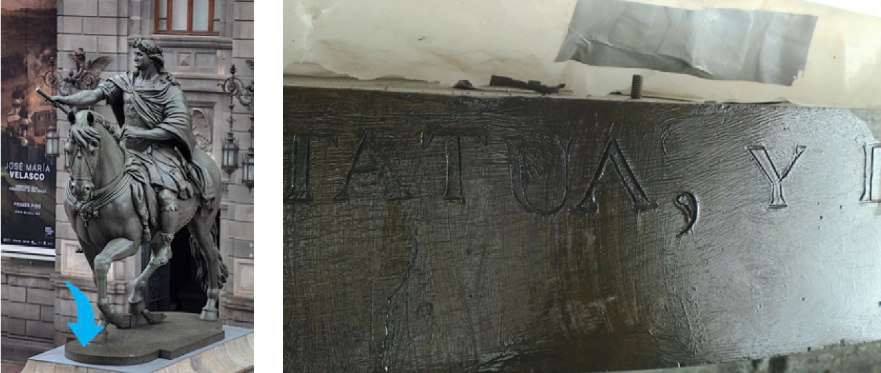
							Location and detail of the screw at the front of the bronze base during the cleaning process..
						