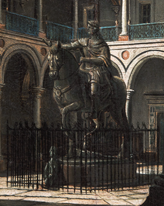
								Detail of the courtyard of the Real y Pontificia Universidad de México P. Gualdi, 1840. Oil on canvas. In the image, the precision of the portrait is striking, suggesting that the element in front of the sculpture must have been there, although it is not possible to identify its precise form.
							