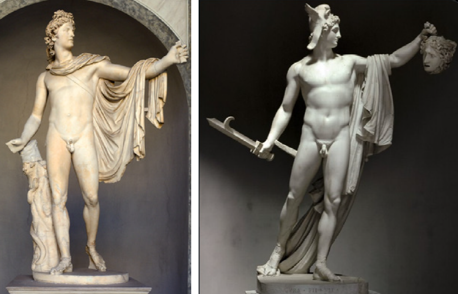 
							Left, Apollo Belvedere, 360 and 320 BC . Right, Perseus Triumphant, 1801 .
						