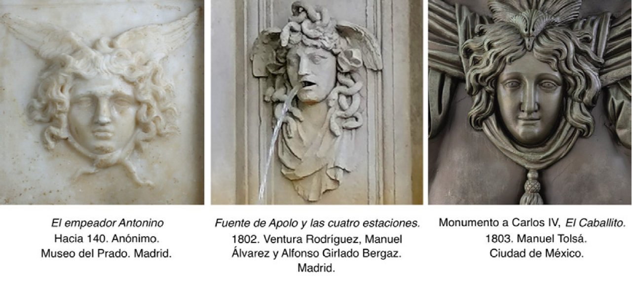 
							Faces of gorgons. Left. On the chest of the armour of the emperor Antoninus Pius . Centre. On the Fountain of Apollo and the four seasons . Right. On the chest of the Caballito.
						
