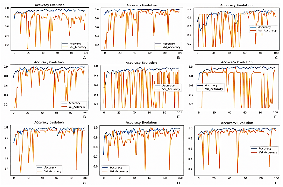 
							Graphs depicting the evolution of accuracy of; (A) custom CNN framework, (B) DenseNet121, (C) ResNet50, (D) InceptionV3, (E) VGG16, (F) EfficientNetB0, (G) Xception, (H) MobileNet and (I) InceptionResNetV2.
						
