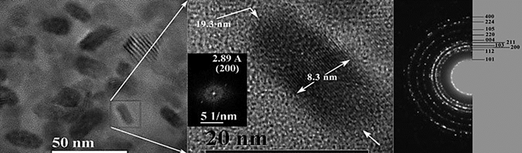 
						Micrografías obtenidas por TEM y HR-TEM de nanovaras de
								Mn3O4 obtenidas por el método coloidal. En el
							extremo derecho se presenta su correspondiente patrón de difracción de
							electrones.
					