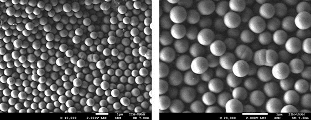 
						Imágenes de microscopía electrónica de barrido de pequeñas esferas de
							óxido de silicio sintetizadas por el método sol-gel.
					