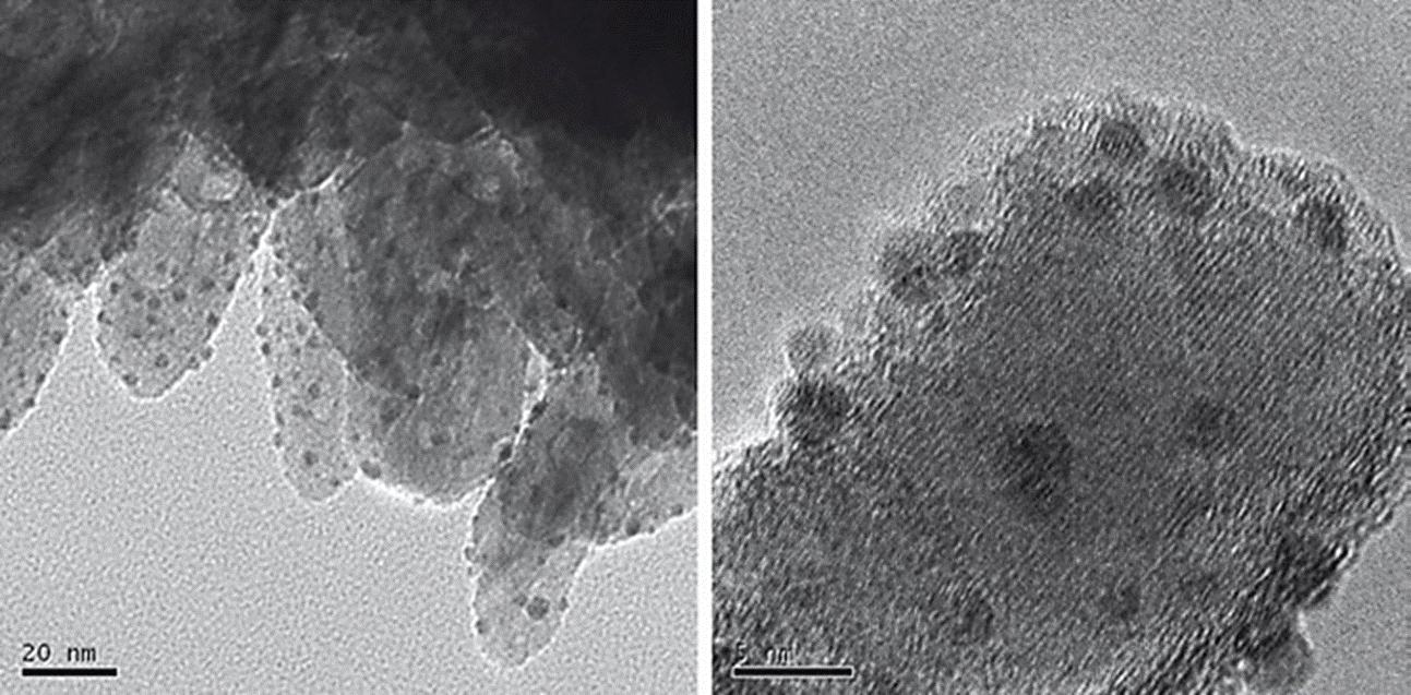 
						Imágenes de microscopía electrónica de transmisión de nanopartículas
							de oro soportadas en cristales de óxido de titanio.
					