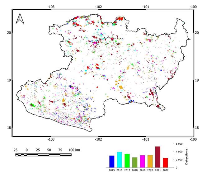 
							Map of fire detections in Michoacán from 2015 to 2022 (MCD64A1 data).
						