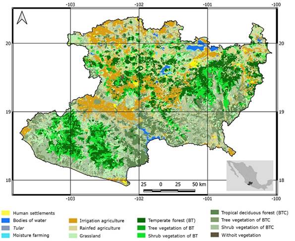 
								Coverage map of Michoacán, derived from the land use and vegetation map Series VII.
							