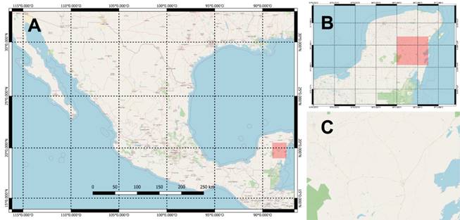 
							Location of the study area (A) Mexican territory (B) Yucatan
								Peninsula. (C) Felipe Carrillo Puerto, Quintana Roo.
						