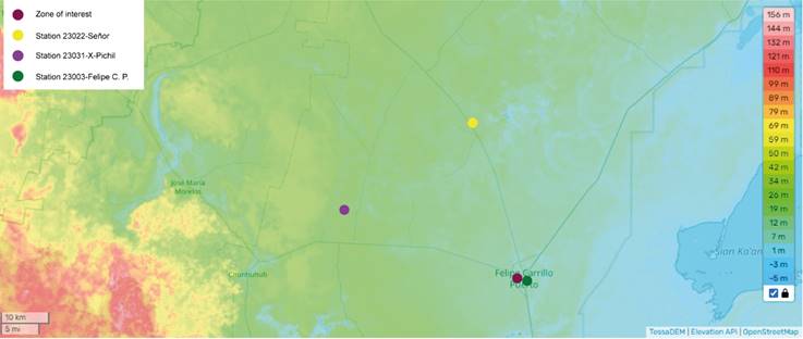 
						Topographic map of altitude and relief of Quintana Roo.
					