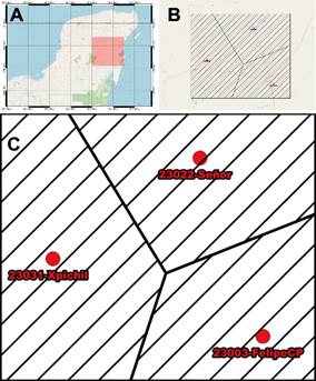 
						Voronoi diagram: (A) location in Mexico, (B) location at study zone,
							and (C) the amplified Voronoi diagram.
					