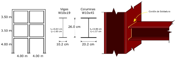 
							Geometría del marco de acero de 3 niveles y dos crujías. Secciones definidas y detalle de las conexiones entre vigas y columnas.
						