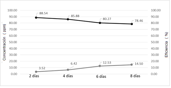 
								Mediciones de concentración de arsénico (línea inferior) y eficiencia de retención (línea superior) con basalto.
							